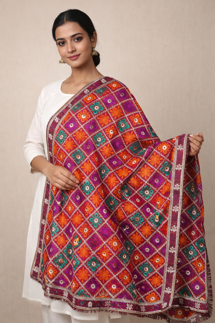 Multicolor Traditional Phulkari Embroidered Dupatta