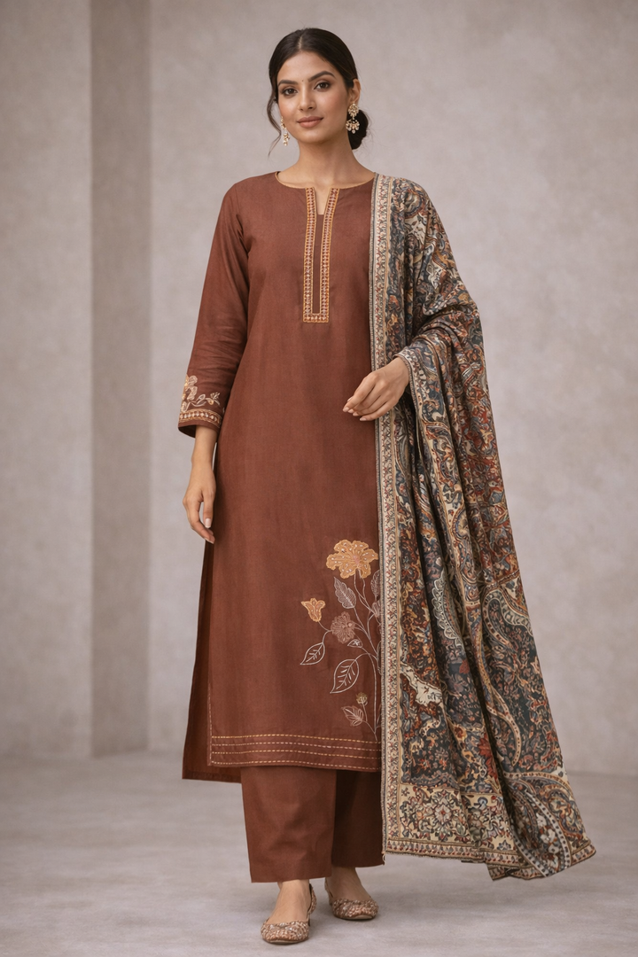 Brown Embroidered Unstitched Ladies Suit Fabric with Printed Dupatta
