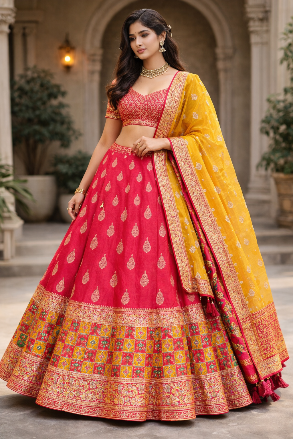 Rani Pink Banarasi Unstitched Lehenga Choli with Mustard Yellow Dupatta
