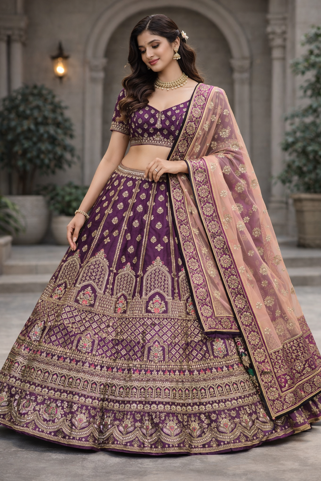 Wine Purple Velvet Unstitched Lehenga Choli with Peach Net Dupatta