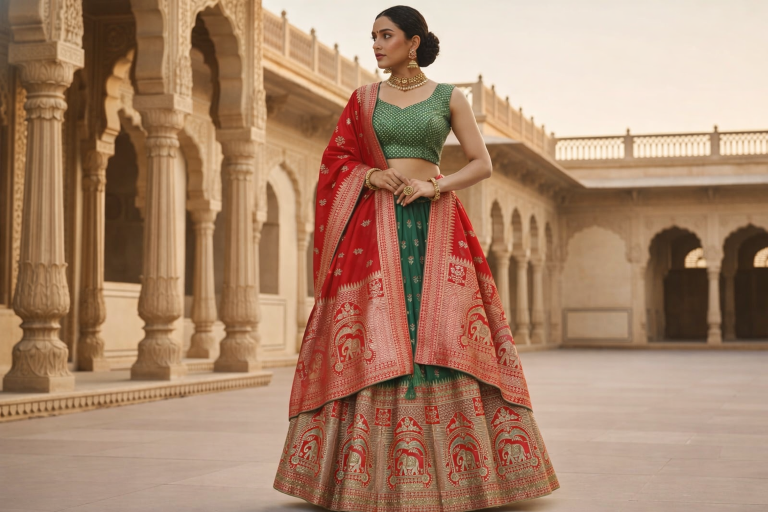 Red & Green Banarasi Silk Unstitched Lehenga Choli with Elephant Zari Border