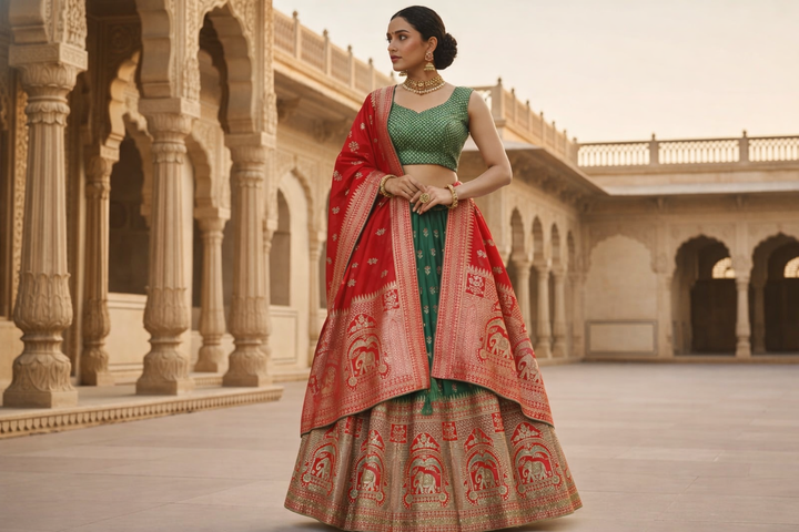 Red & Green Banarasi Silk Unstitched Lehenga Choli with Elephant Zari Border
