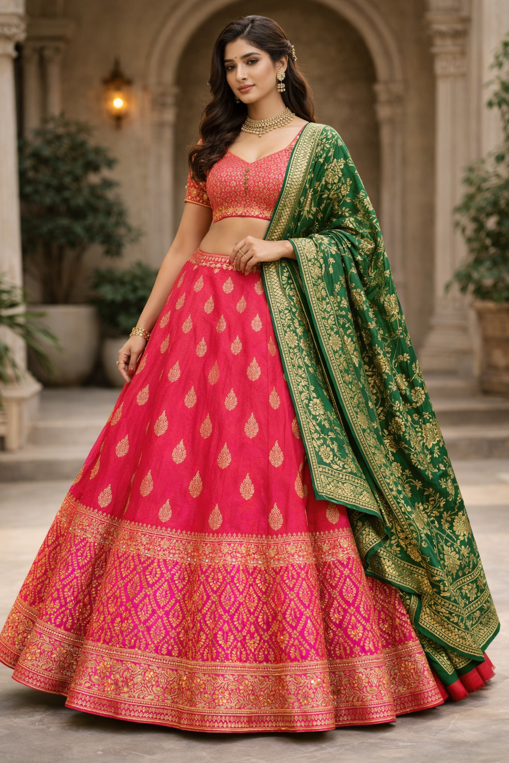 Reddish Pink Banarasi Unstitched Lehenga Choli with Green Dupatta