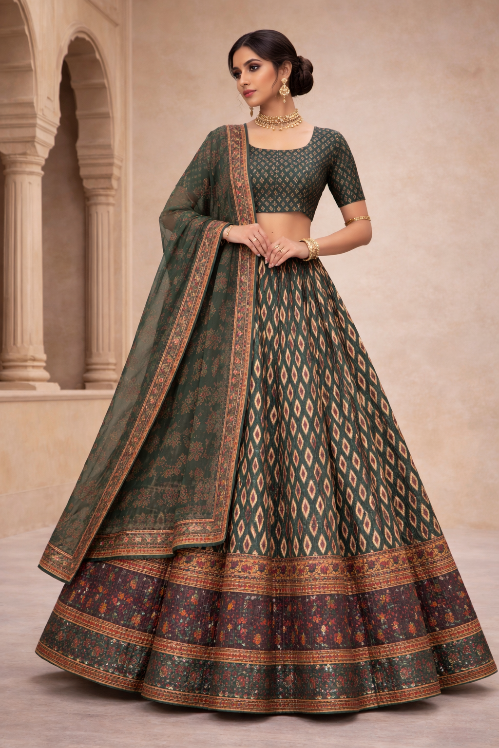 Green Satin Silk Printed Unstitched Lehenga Choli with Matching Dupatta