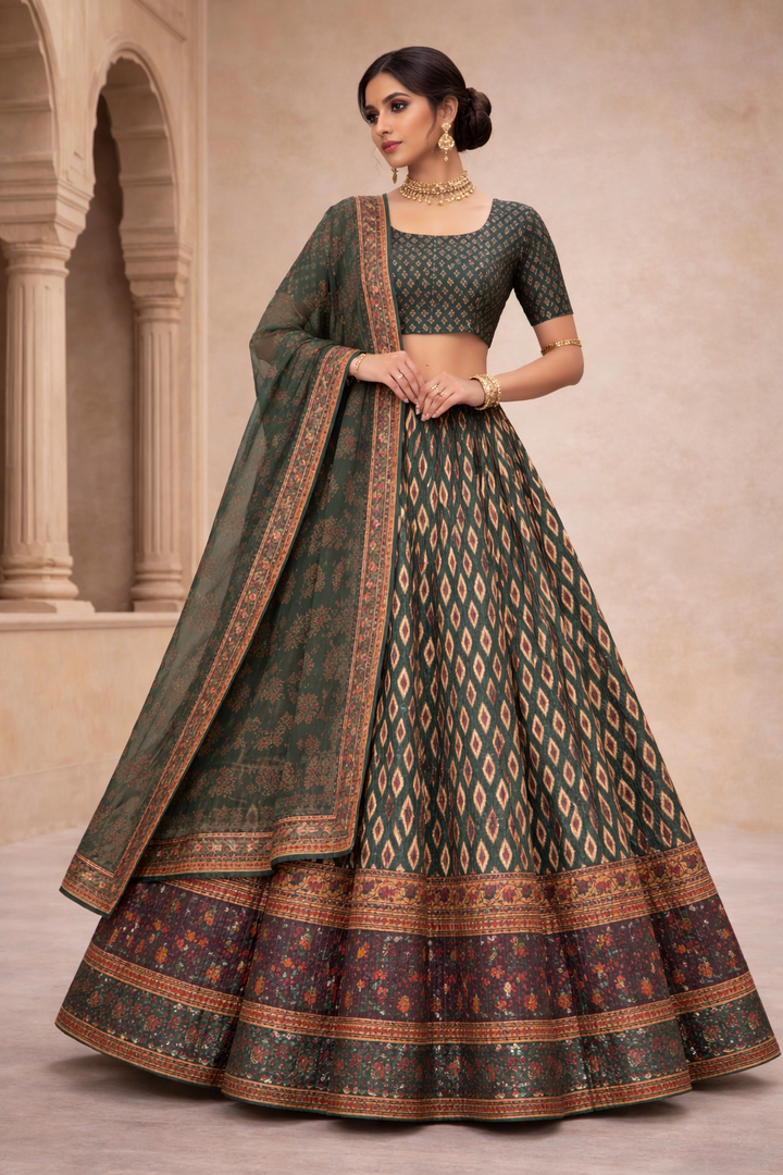 Green Satin Silk Printed Unstitched Lehenga Choli with Matching Dupatta