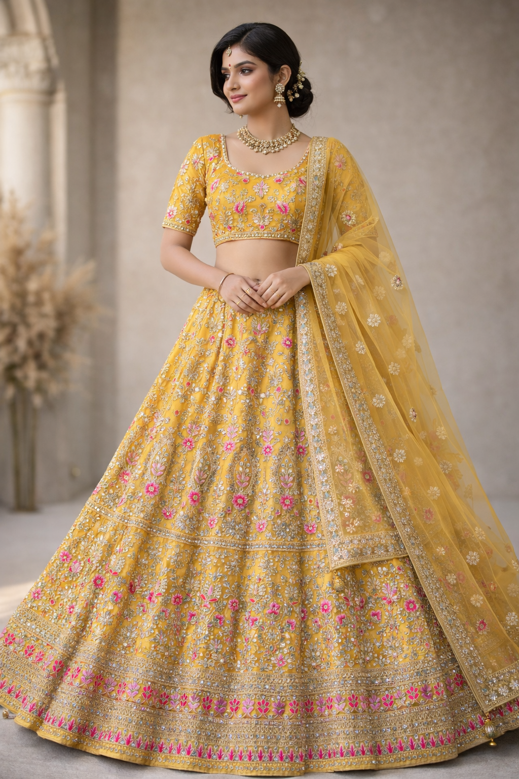 Mustard Yellow Embroidered Net Unstitched Lehenga Choli with Dupatta