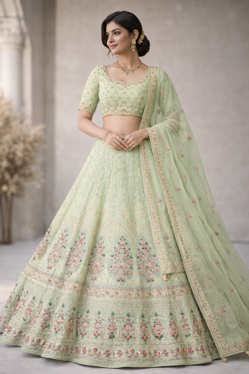 Pista Color Embroidered Net Unstitched Lehenga Choli with Dupatta