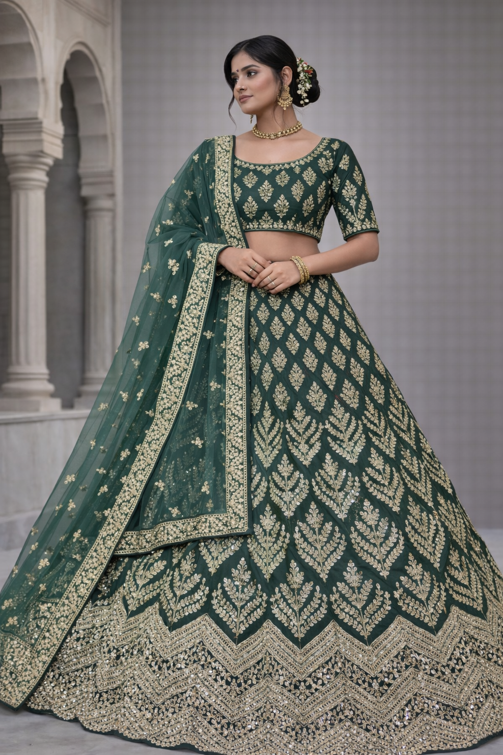 Dark Green Embroidered Net Lehenga Choli with Dupatta (Unstitched)