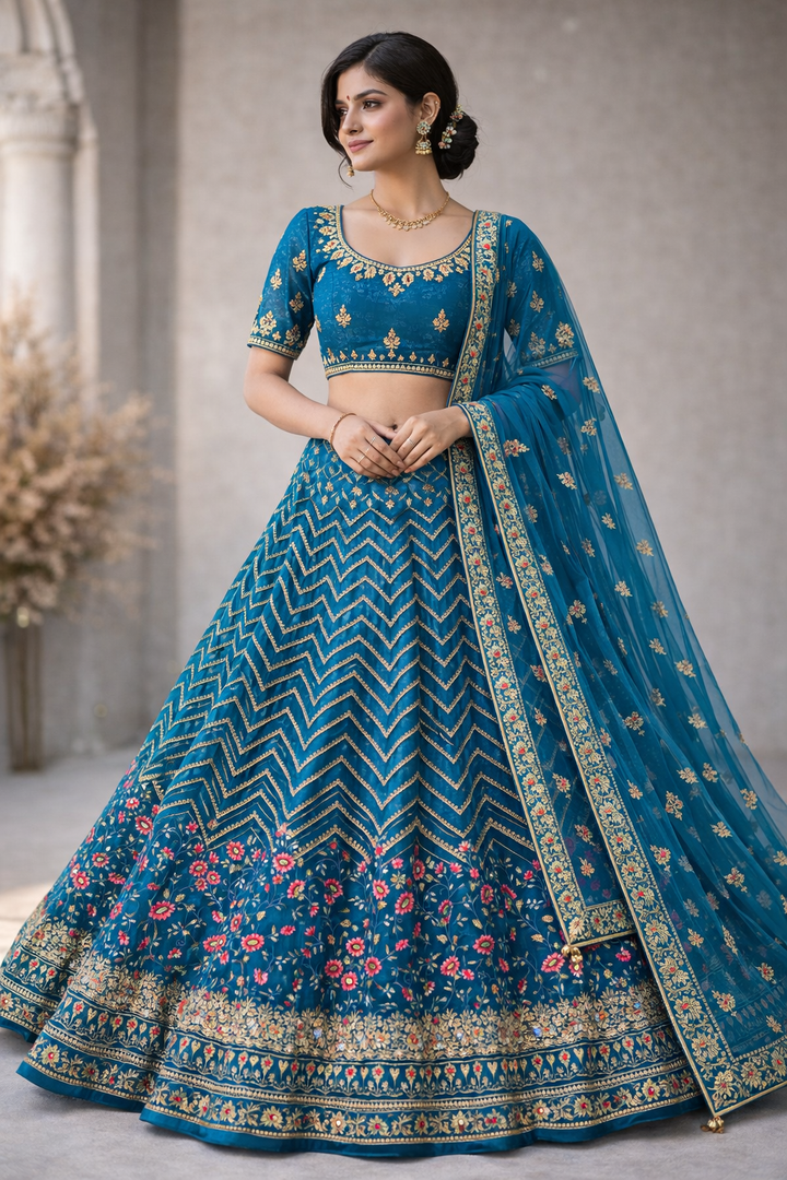 Teal Blue Unstitched Embroidered Net Lehenga Choli with Floral Border & Dupatta