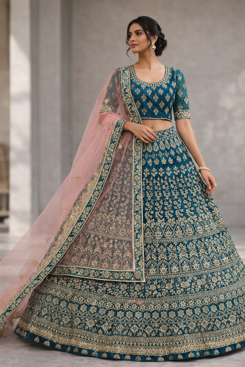 Teal Green Embroidered Velvet Lehenga Choli with Net Dupatta (Unstitched)