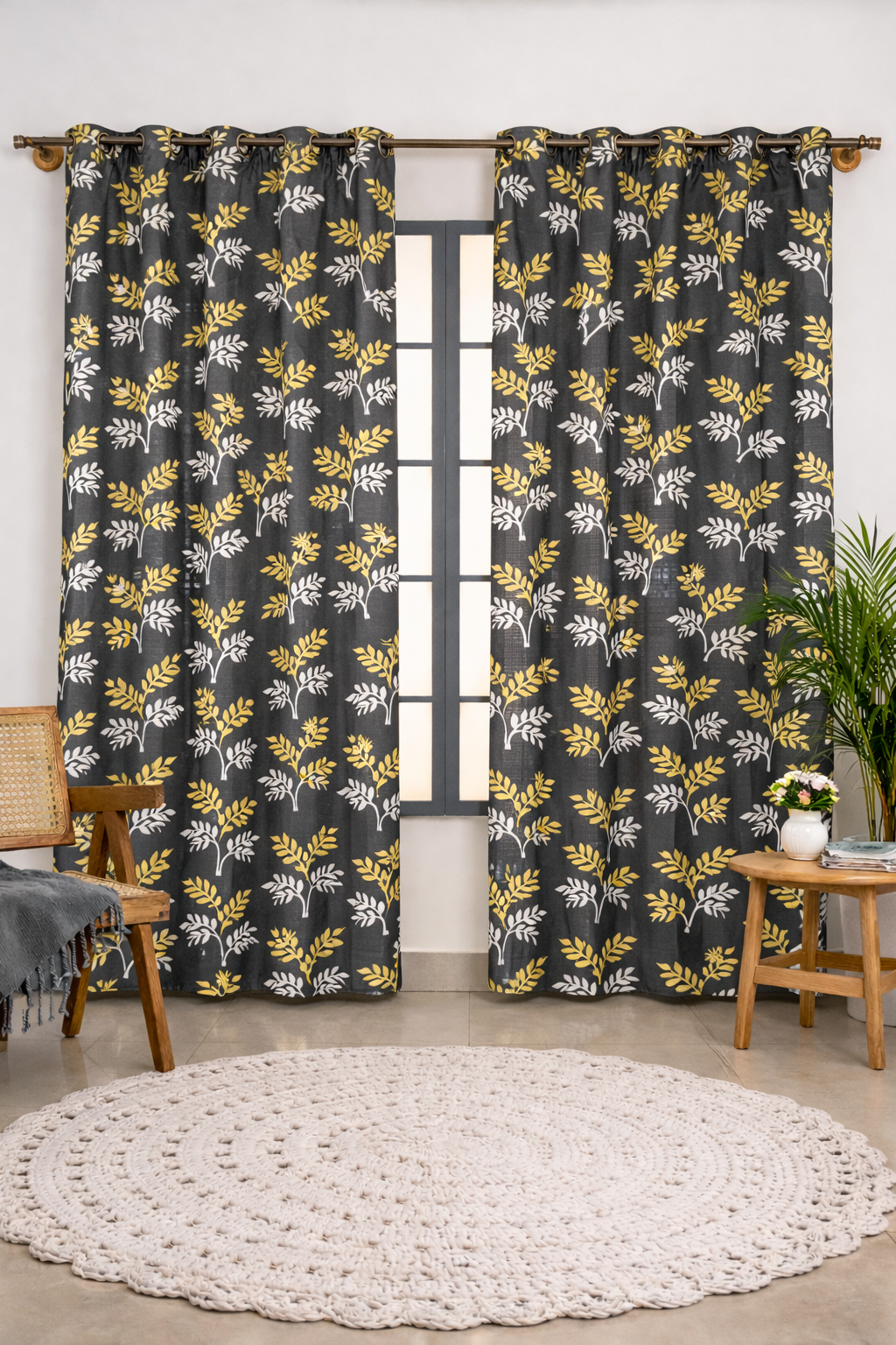 Grey & Yellow Leaf Print Curtain | 7 Feet | Eyelet Style | Price Per Piece