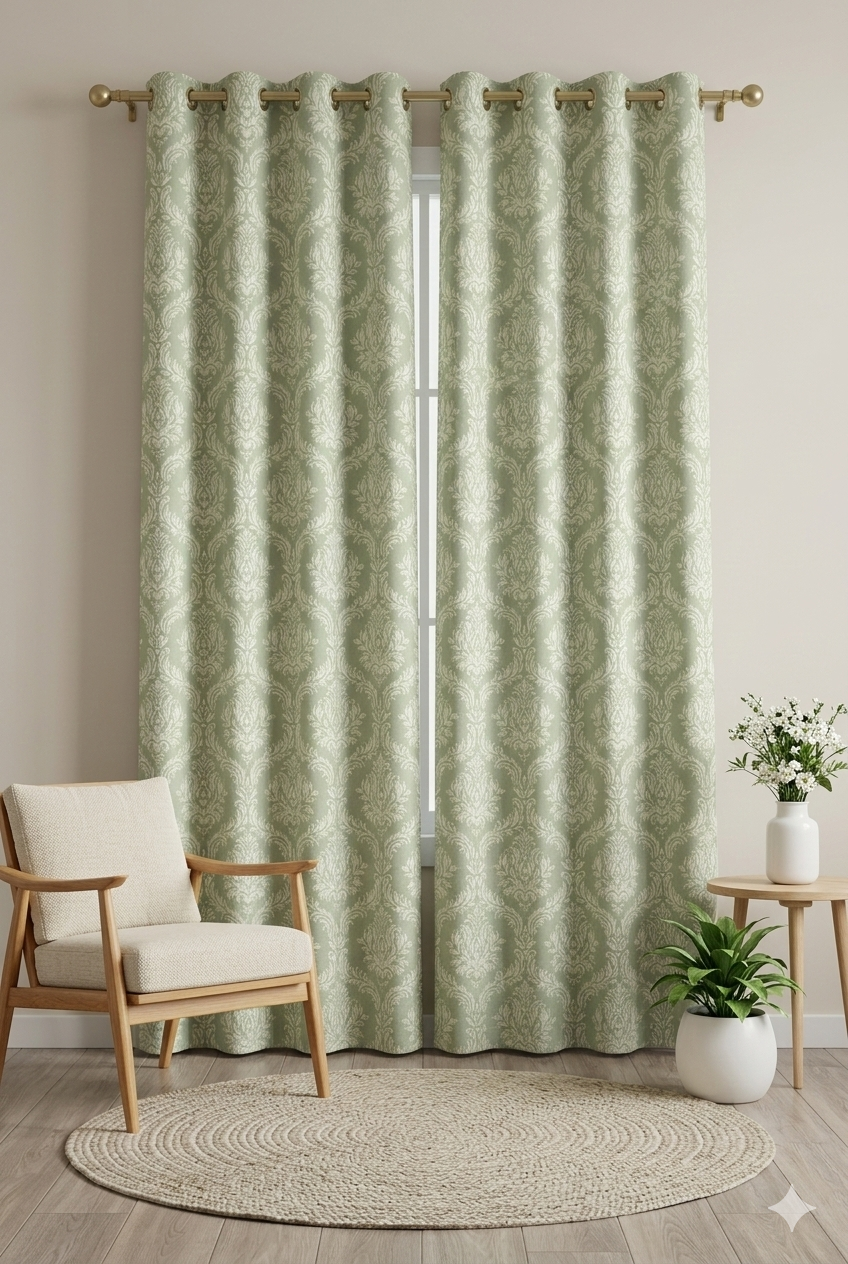 Green Damask Curtain Fabric | Custom Length | Sold Per Metre