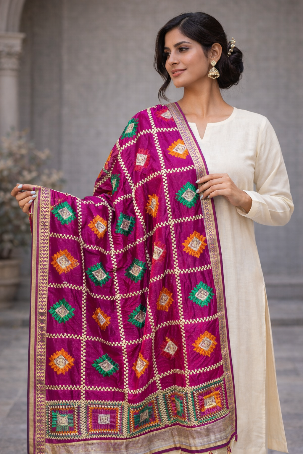 Magenta Phulkari Dupatta with Multicolor Thread Embroidery