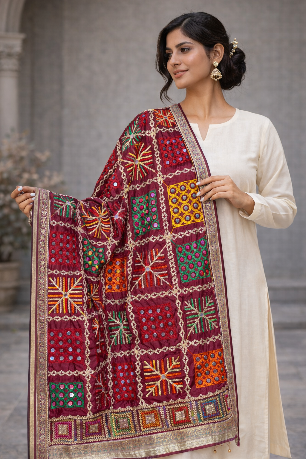 Maroon Multicolor Phulkari Embroidered Dupatta