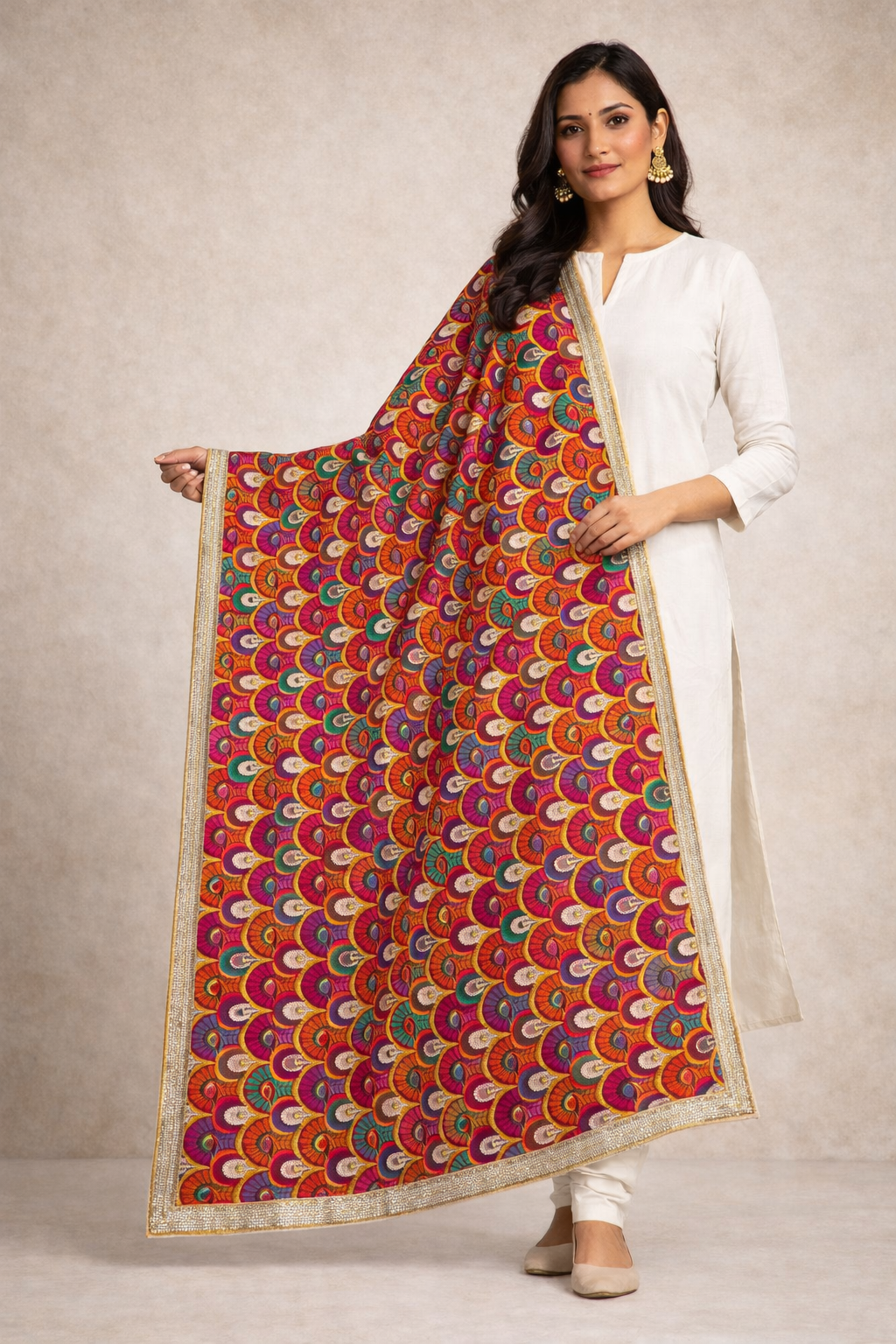 Multicolor Fan Pattern Phulkari Embroidered Dupatta