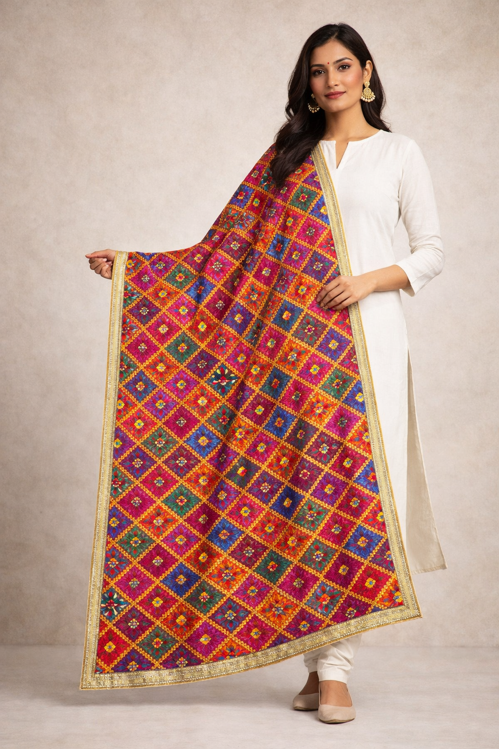 Handcrafted Multicolor Phulkari Dupatta with Golden Border