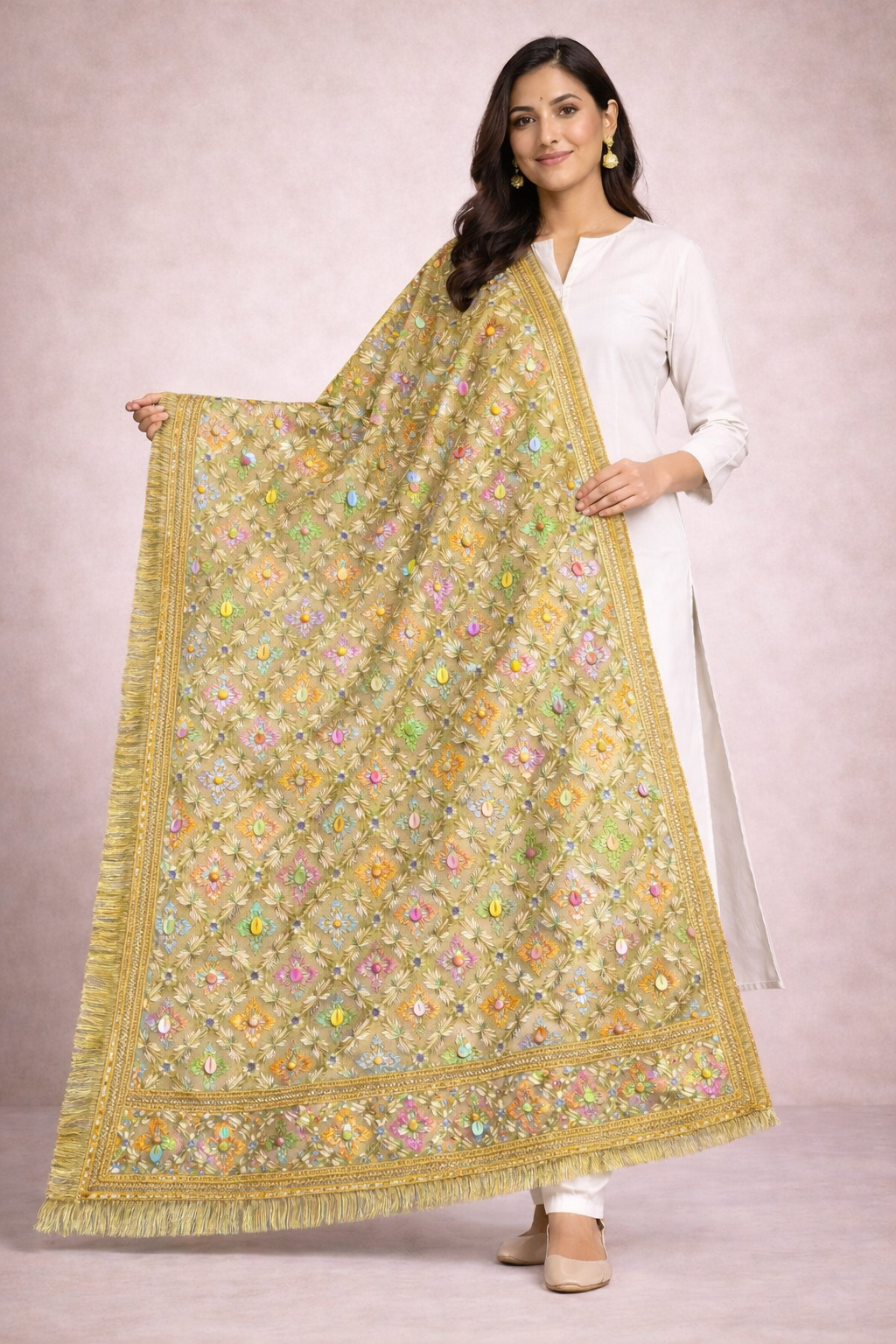 Golden Beige Multicolor Mirror Work Phulkari Dupatta with Tassel Border