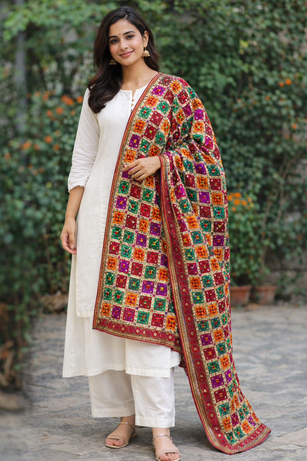 Heavy Multicolor Phulkari Dupatta with Mirror, Pearl & Kodi Work