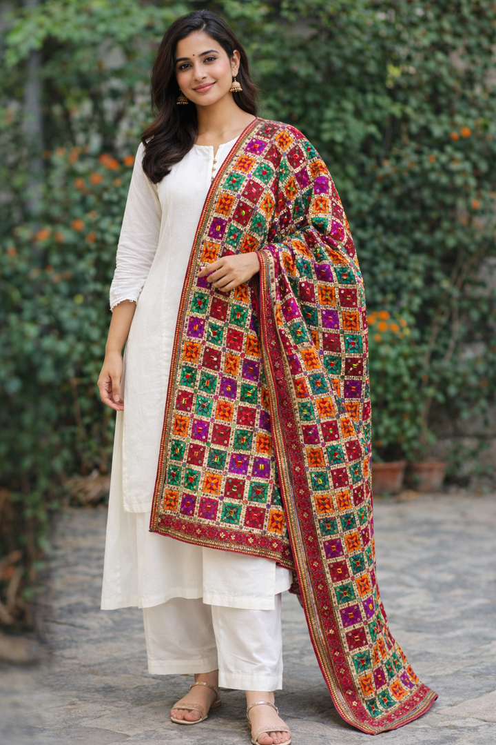 Heavy Multicolor Phulkari Dupatta with Mirror, Pearl & Kodi Work