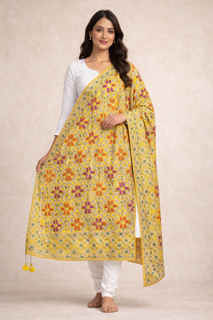 Heavy Yellow Phulkari Dupatta with Full Embroidery & Mirror Work