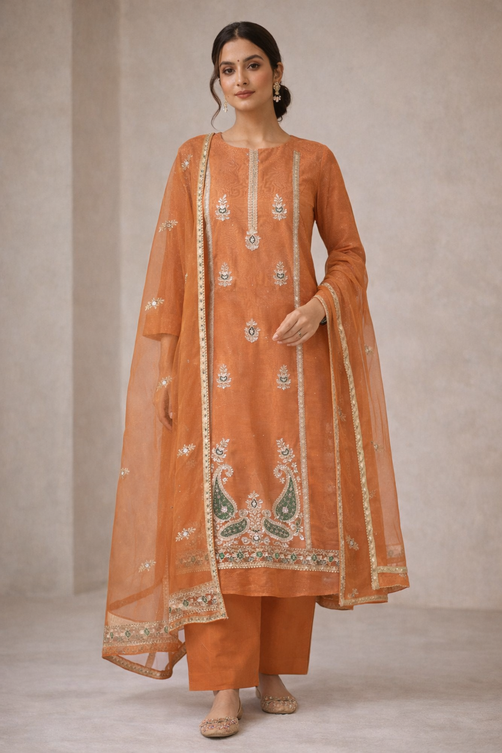 Rust Orange Embroidered Unstitched Ladies Suit Fabric with Dupatta