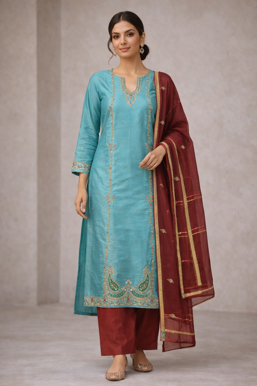 Sky Blue Embroidered Unstitched Ladies Suit Fabric with Maroon Dupatta