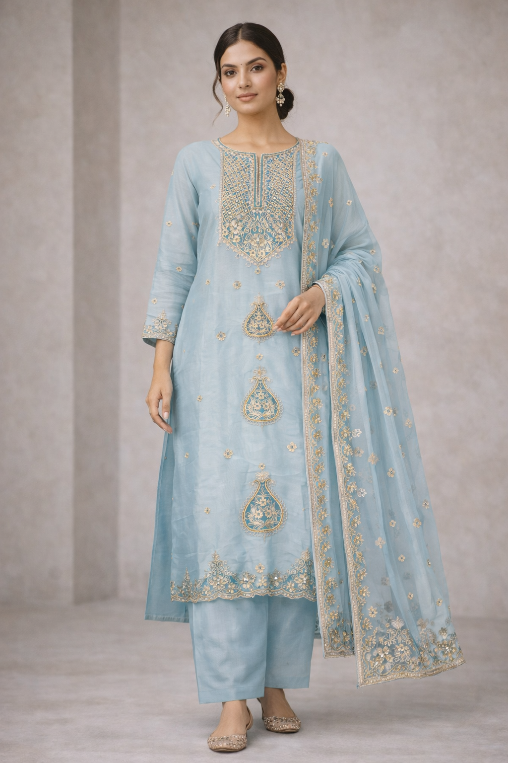 Sky Blue Embroidered Unstitched Ladies Suit Fabric with Dupatta