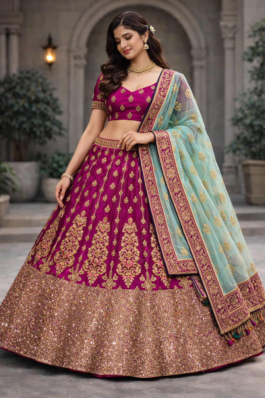 Magenta Satin Silk Unstitched Lehenga Choli with Aqua Net Dupatta