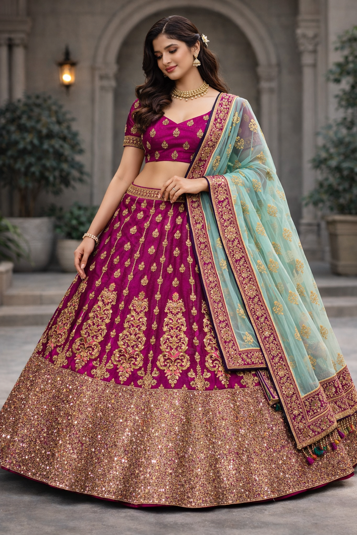 Magenta Satin Silk Unstitched Lehenga Choli with Aqua Net Dupatta