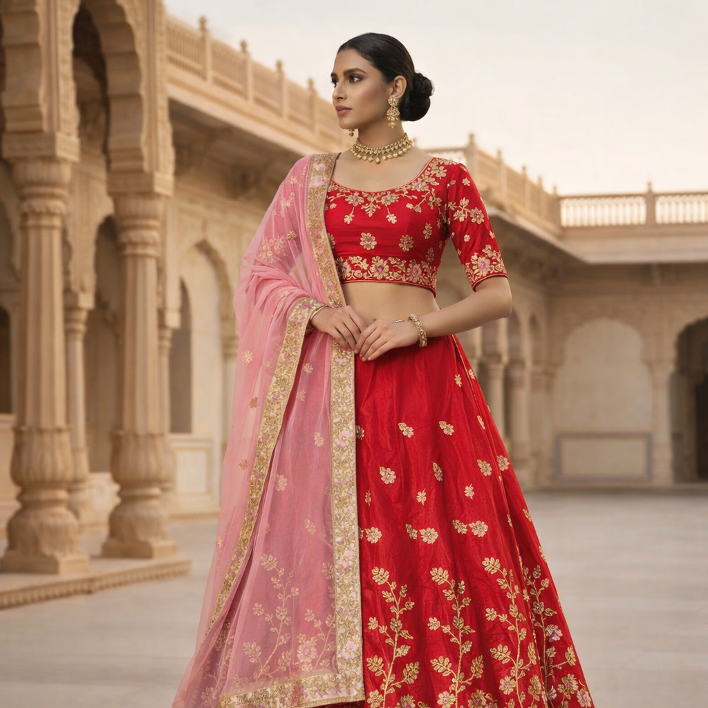 Woman in a red and pink traditional outfit standing in front of architectural columns.