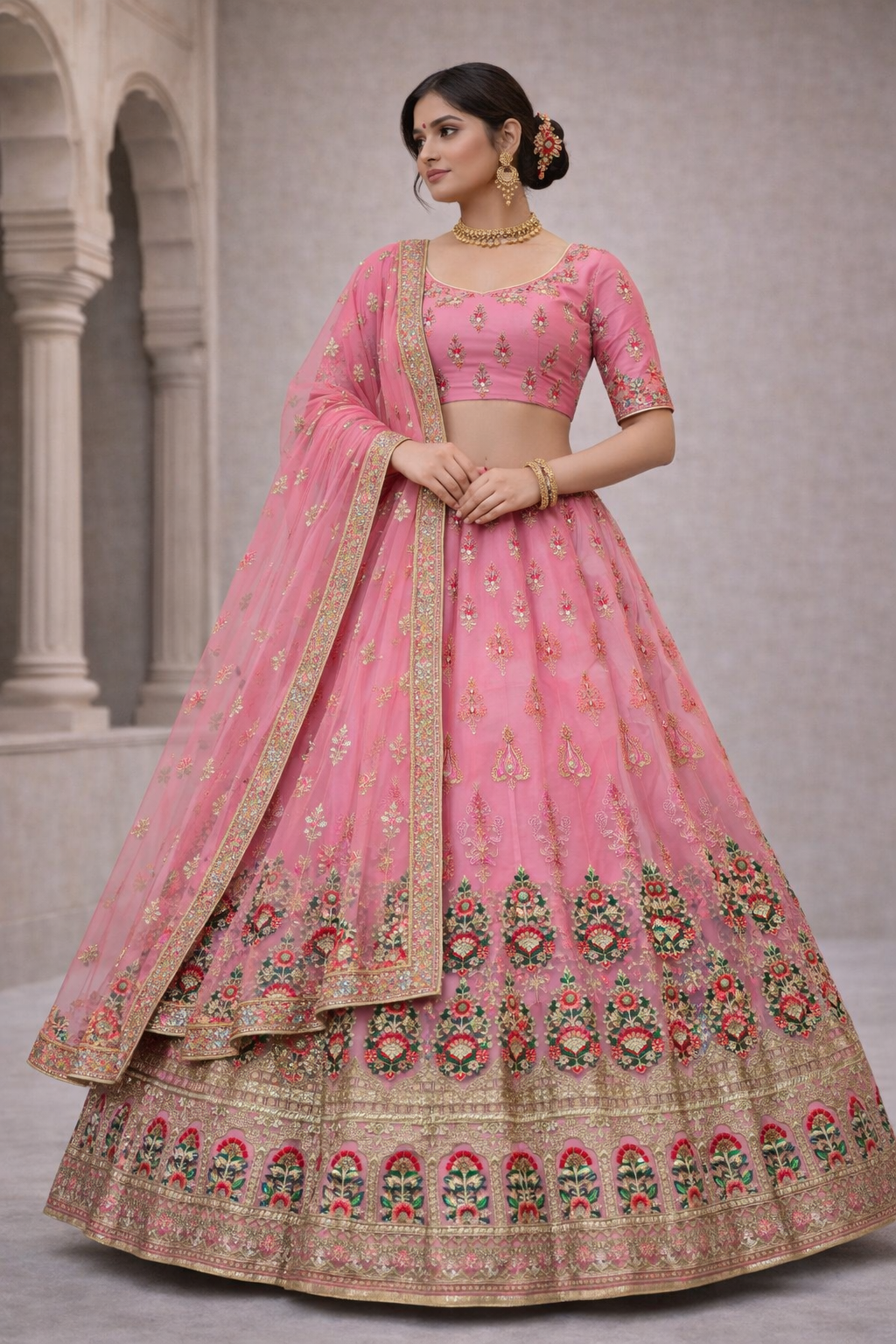 Pink Embroidered Net Lehenga Choli with Floral Border & Dupatta (Unstitched)