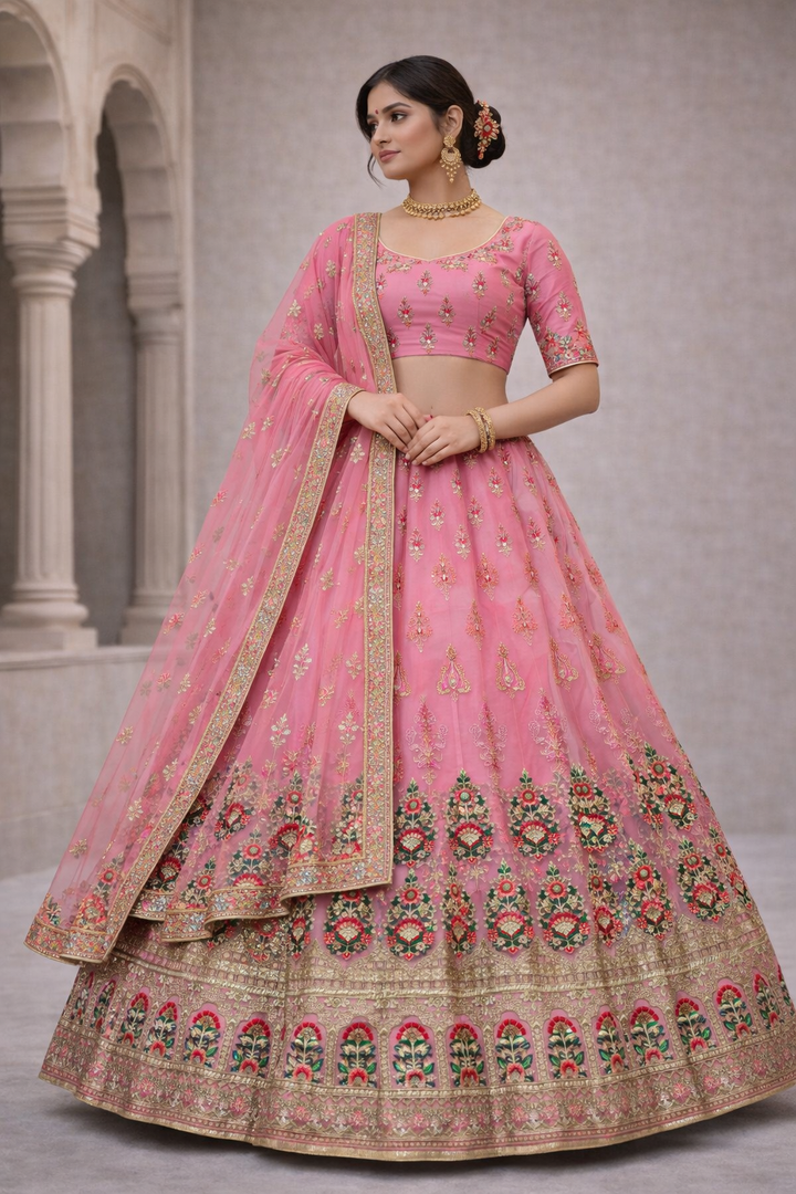 Pink Embroidered Net Lehenga Choli with Floral Border & Dupatta (Unstitched)