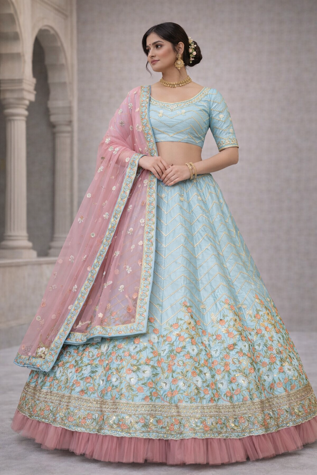 Sky Blue & Blush Pink Embroidered Net Lehenga Choli (Unstitched)