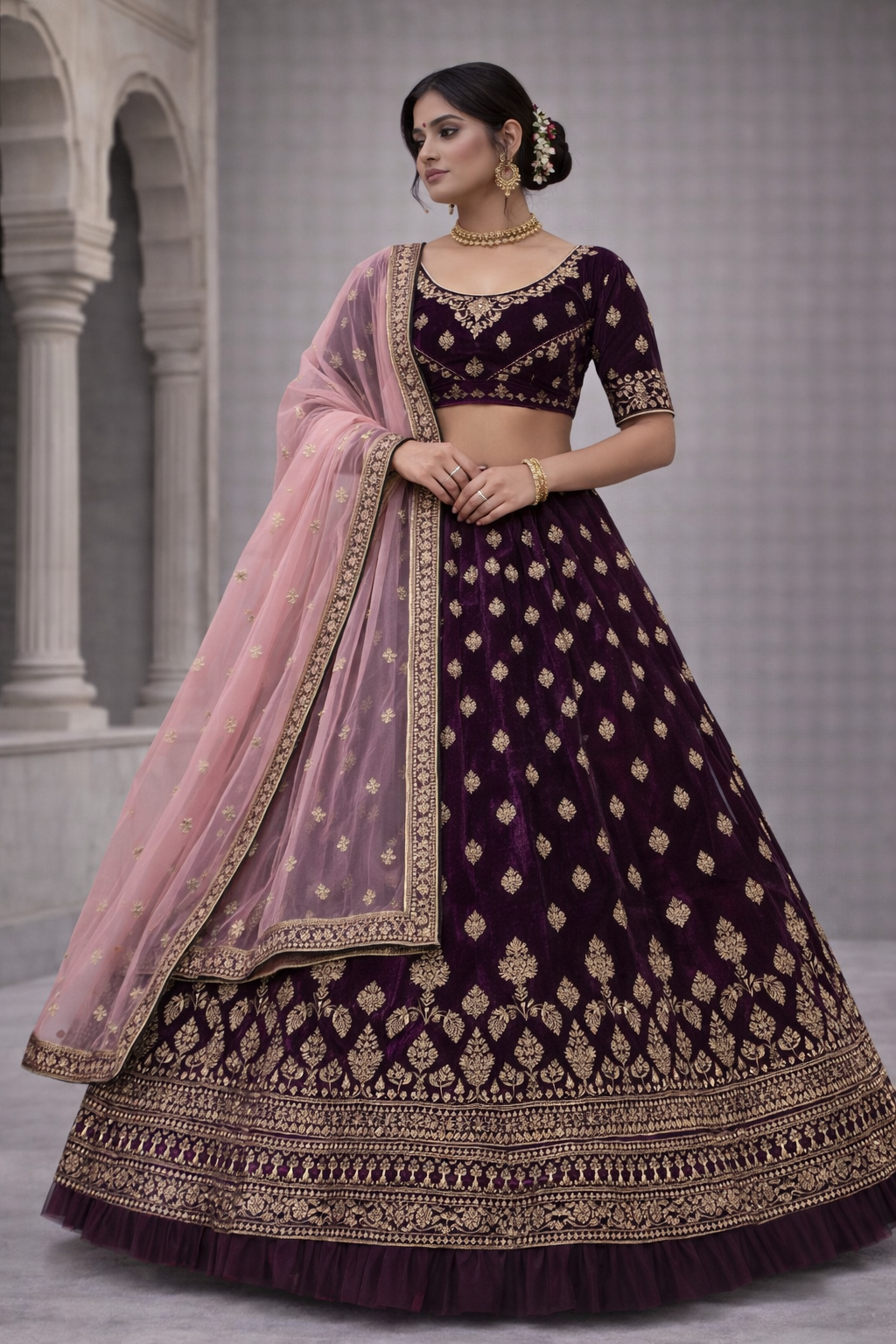 Wine Purple Velvet Lehenga Choli with Gold Stone Work & Net Dupatta (Unstitched)