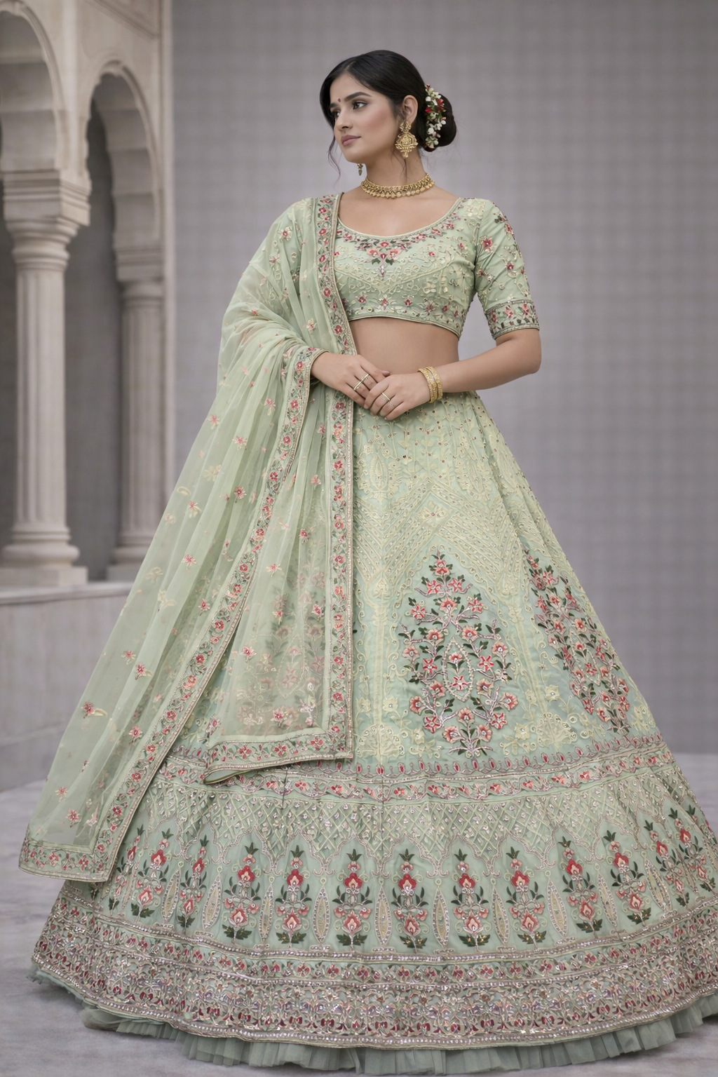 Mint Green Embroidered Georgette Lehenga Choli with Floral Border & Dupatta (Unstitched)
