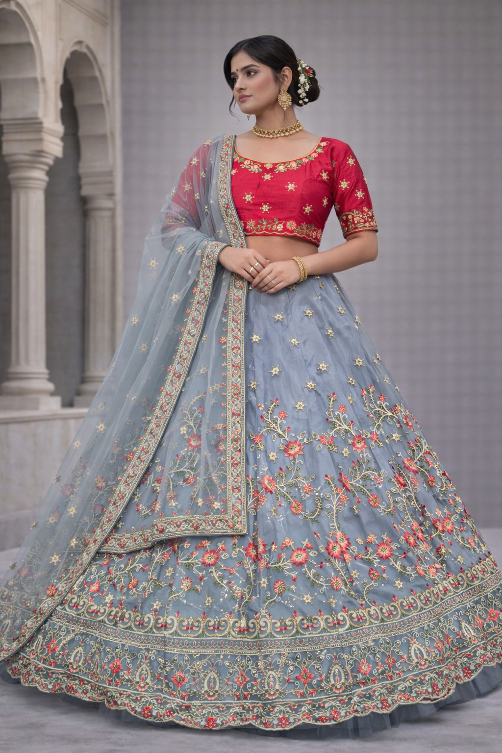 Grey Blue Embroidered Net Lehenga Choli with Red Blouse & Floral Border (Unstitched)