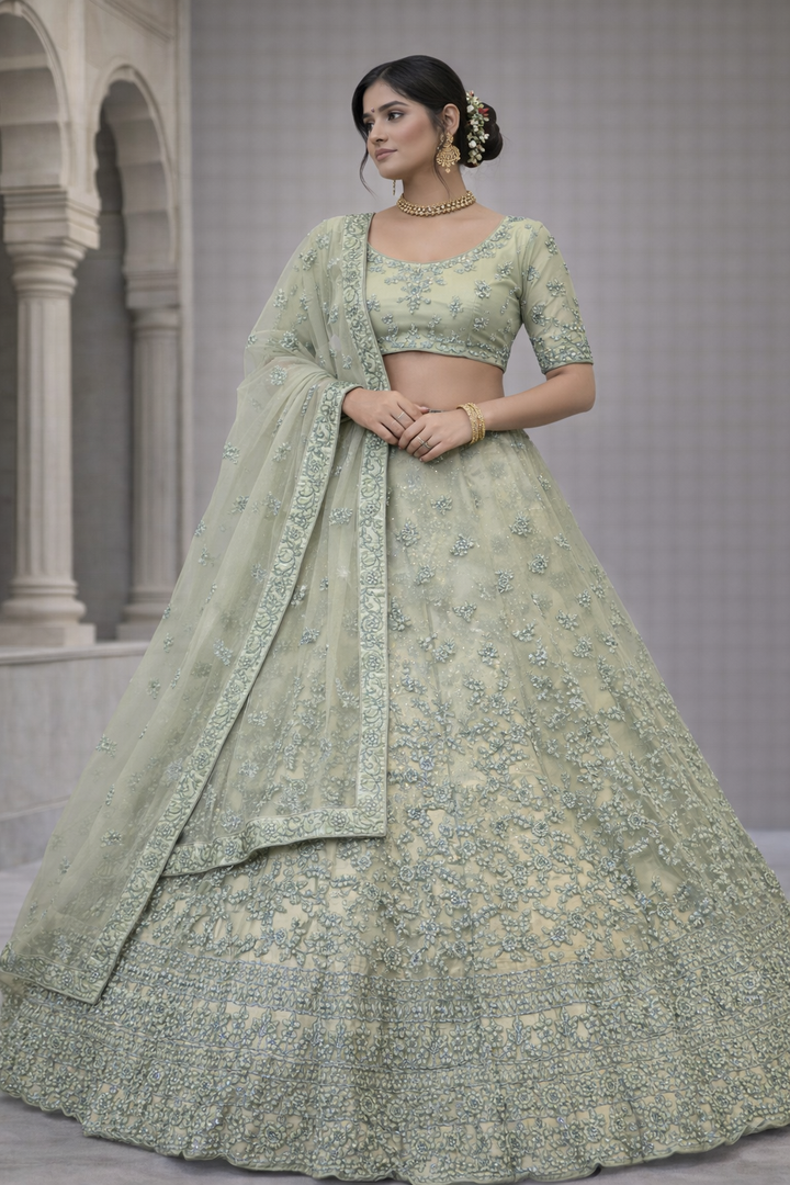 Sage Green Embroidered Net Lehenga Choli with Sequins & Dupatta (Unstitched)