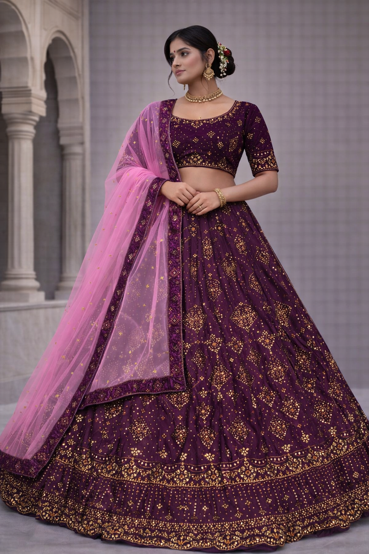 Wine Velvet Embellished Lehenga Choli with Pink Net Dupatta (Unstitched)