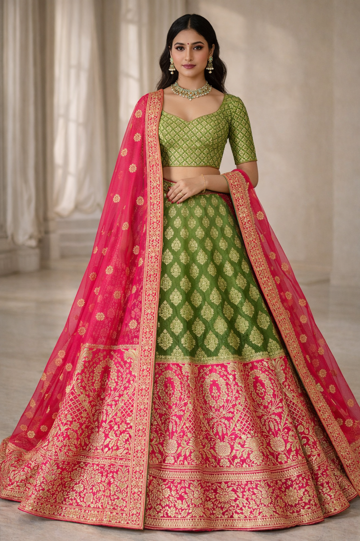 Green Banarasi Lehenga Choli Unstitched with Pink Woven Border & Dupatta