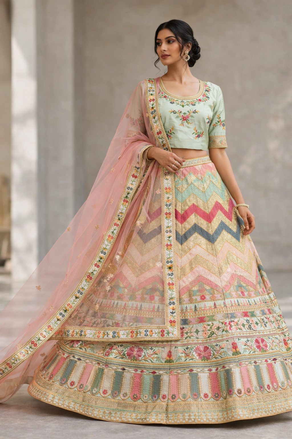 Mint Green & Multicolor Chevron Embroidered Satin Silk Lehenga Set with Net Dupatta (Unstitched)