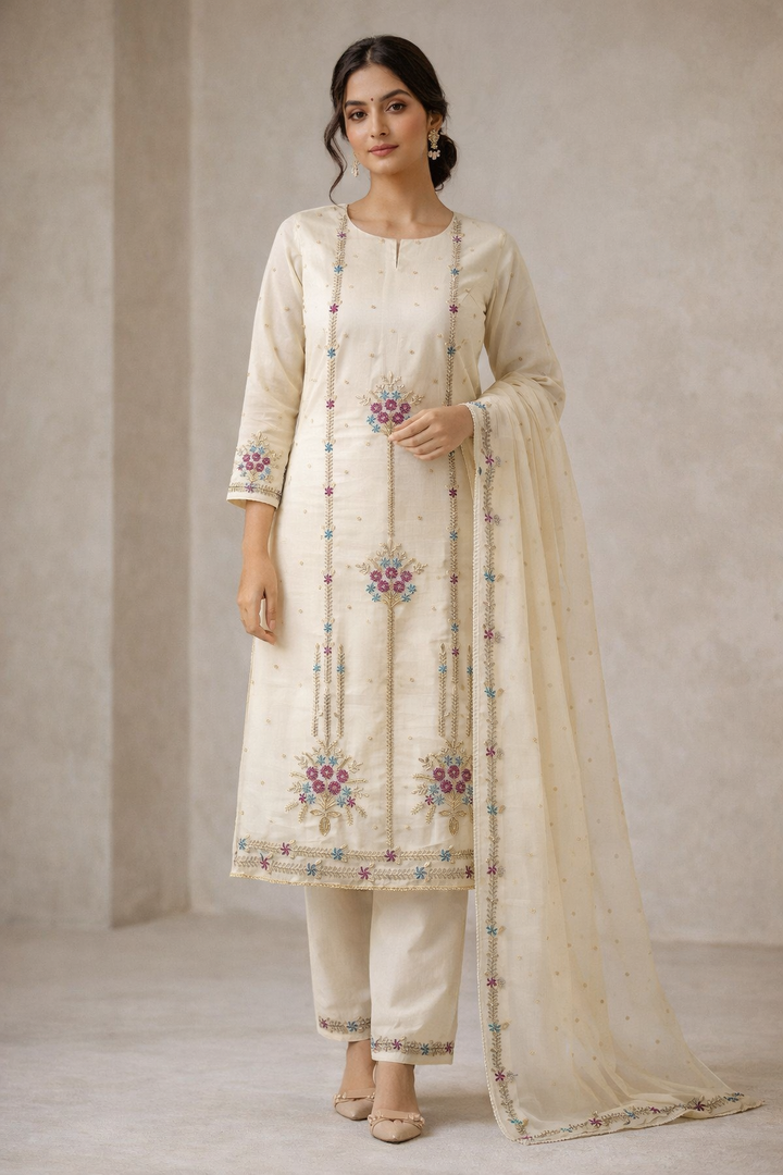 Off-White Embroidered Unstitched Ladies Suit Fabric with Dupatta