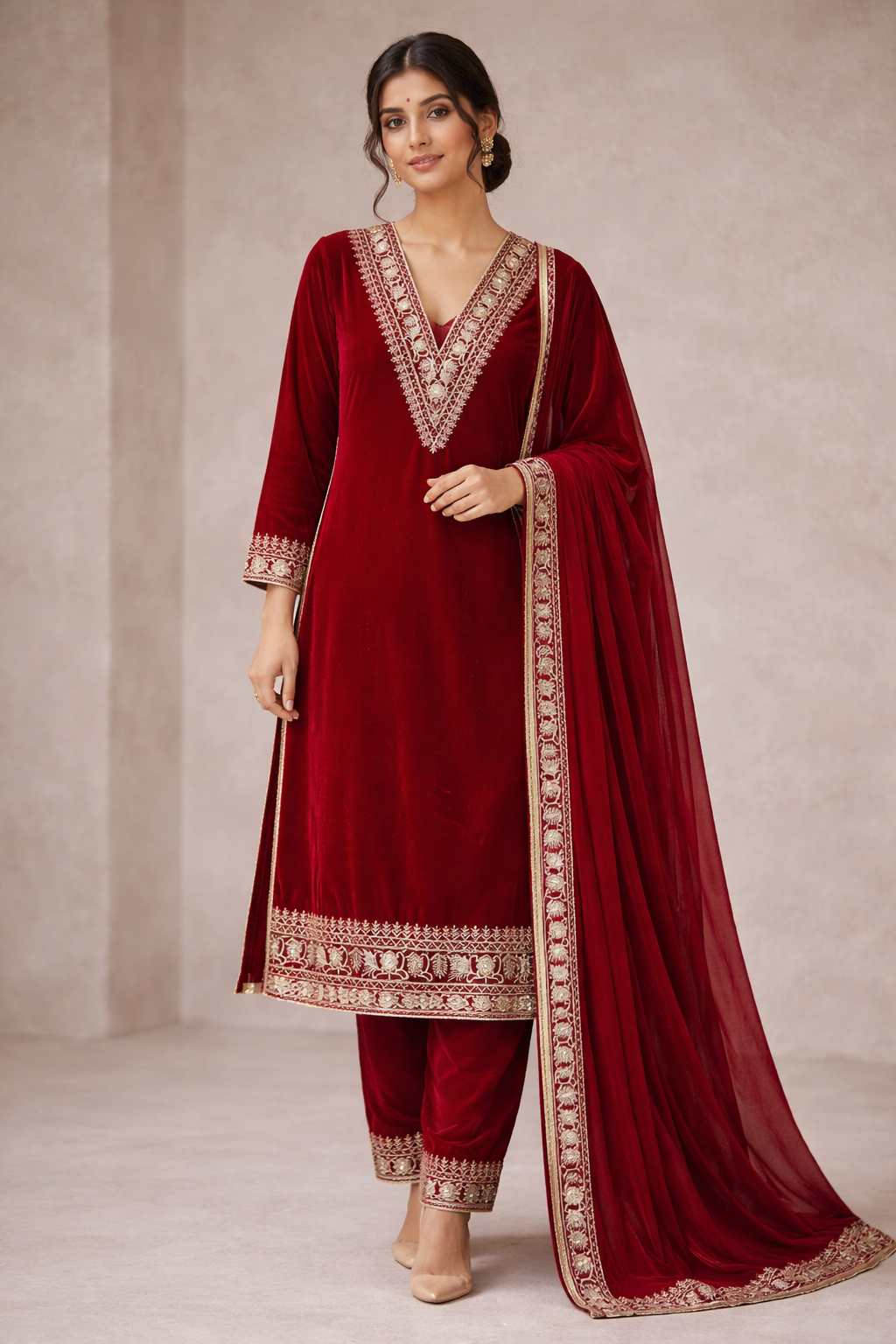 Wine Red Velvet Embroidered Unstitched Ladies Suit Fabric with Dupatta