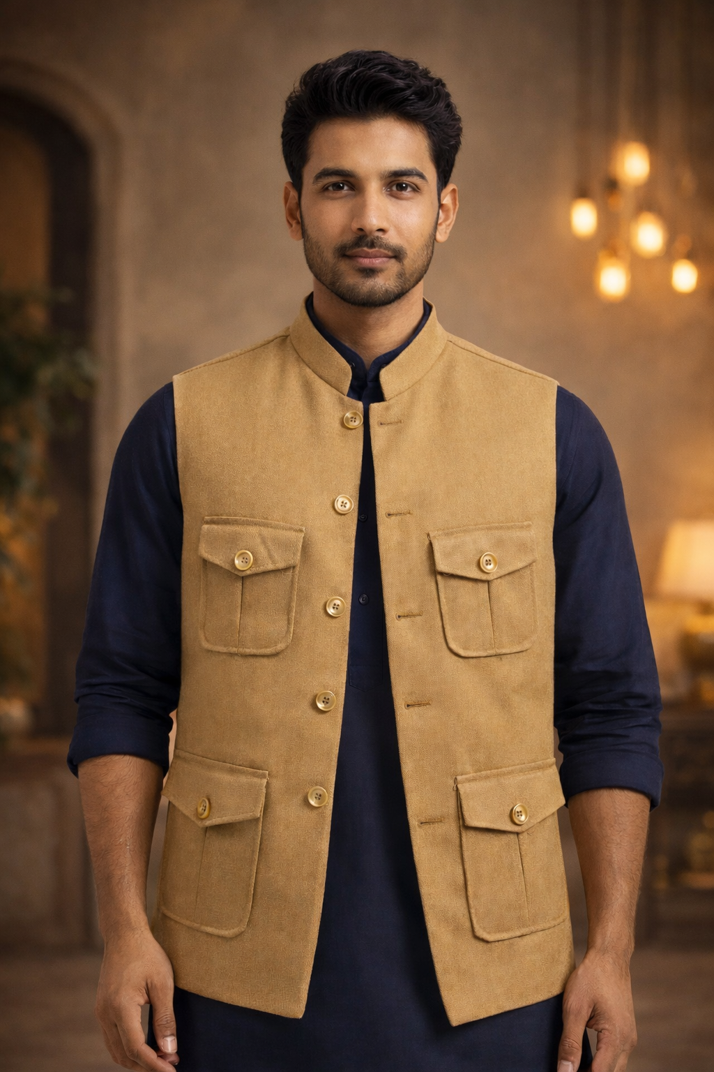 Men’s Classic Khaki Nehru Waistcoat – Premium Ethnic Jacket