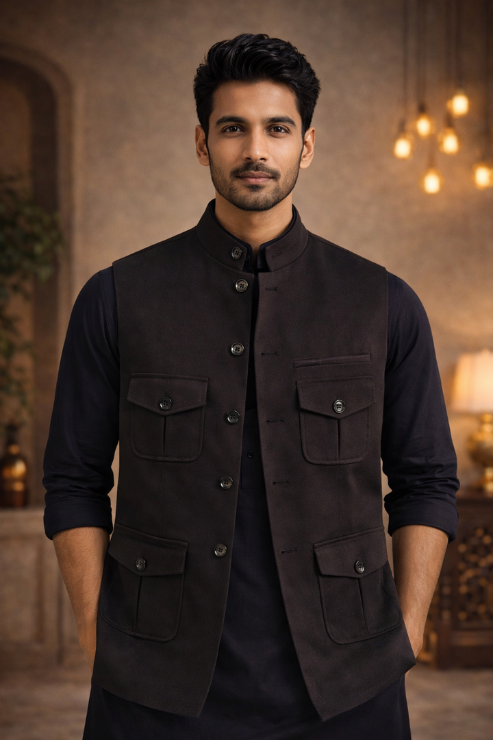 Men's Classic Black Nehru Waistcoat – Premium Ethnic Jacket
