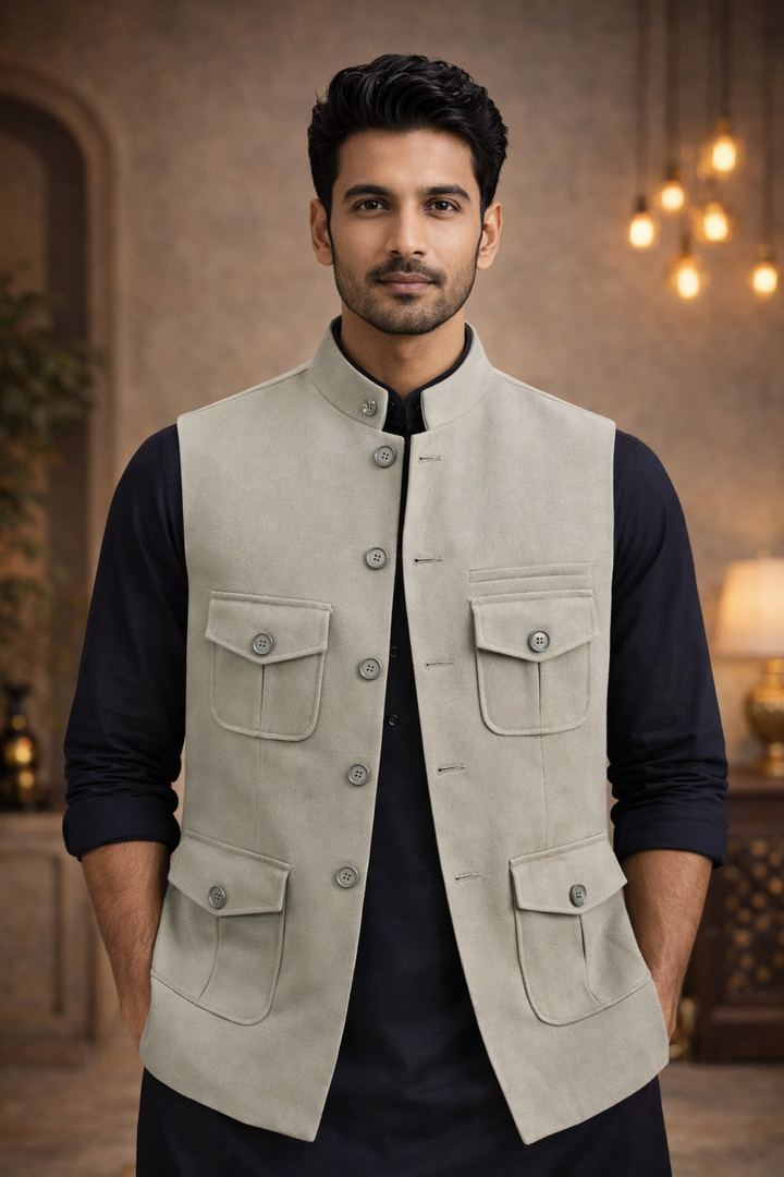 Men's Stone Grey Nehru Waistcoat – Premium Ethnic Jacket