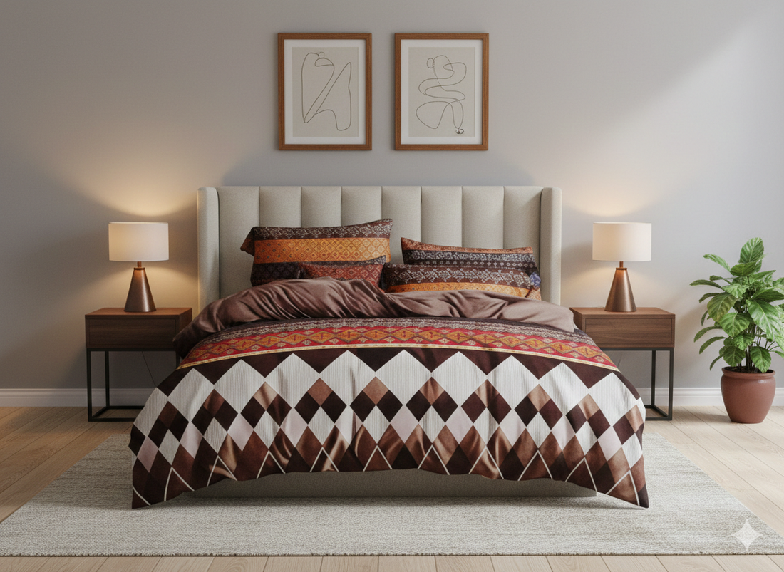 Monte Carlo Brown Geometric Cotton Bedsheet Set for Single Bed (With 2 Pillow Covers)