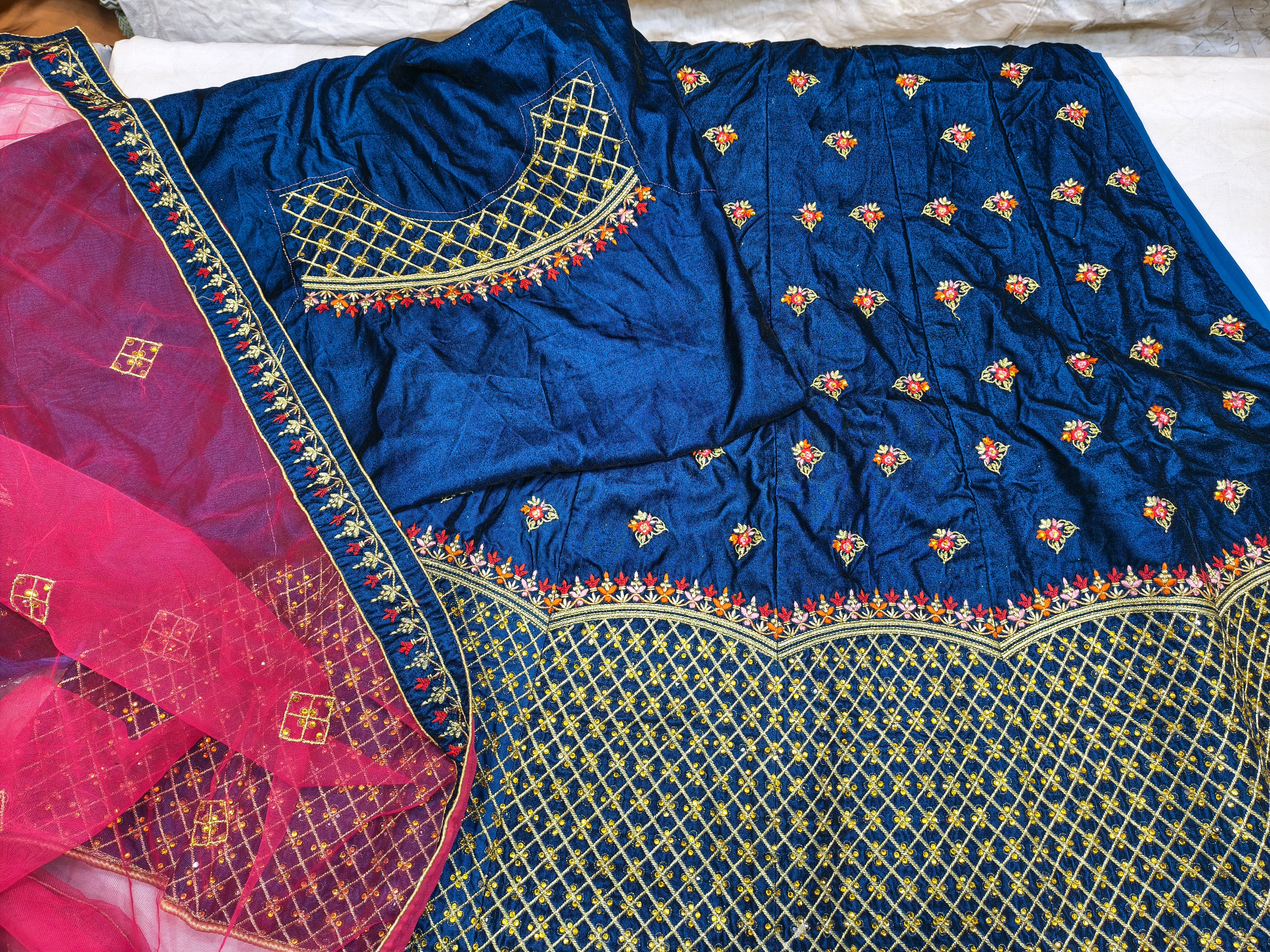 Royal Blue Embroidered Velvet Lehenga Choli with Net Dupatta (Unstitched)