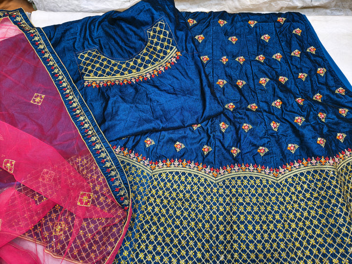Royal Blue Embroidered Velvet Lehenga Choli with Net Dupatta (Unstitched)