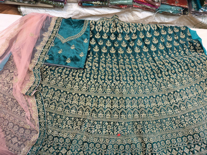Teal Green Embroidered Velvet Lehenga Choli with Net Dupatta (Unstitched)