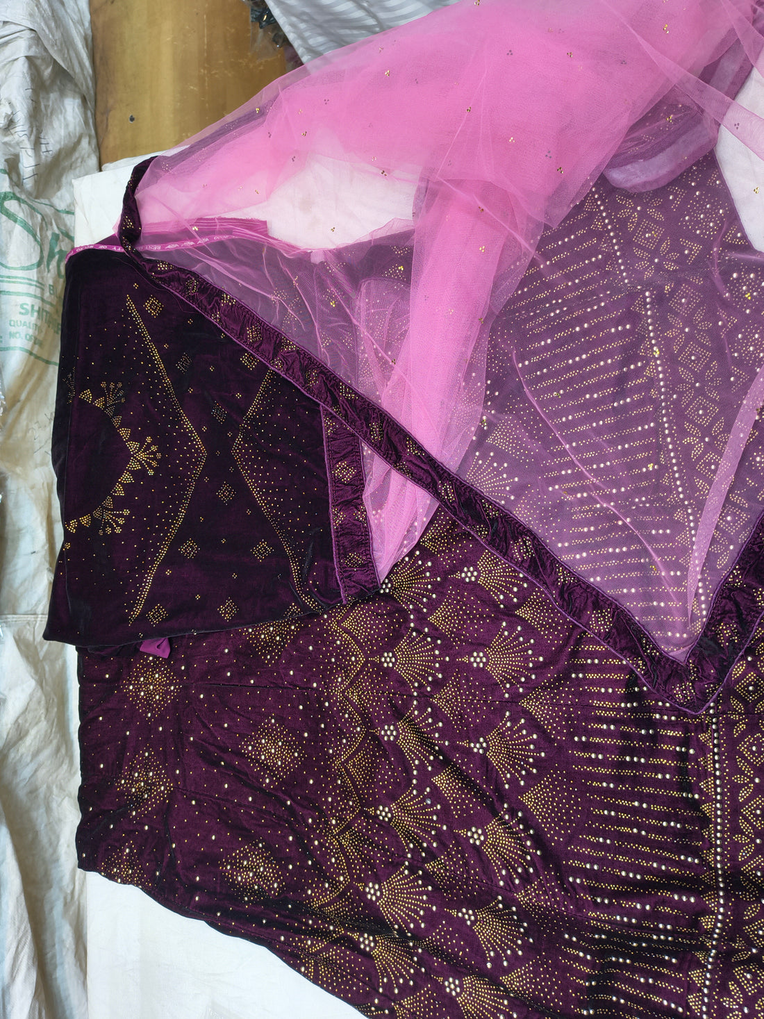 Wine Velvet Embellished Lehenga Choli with Pink Net Dupatta (Unstitched)